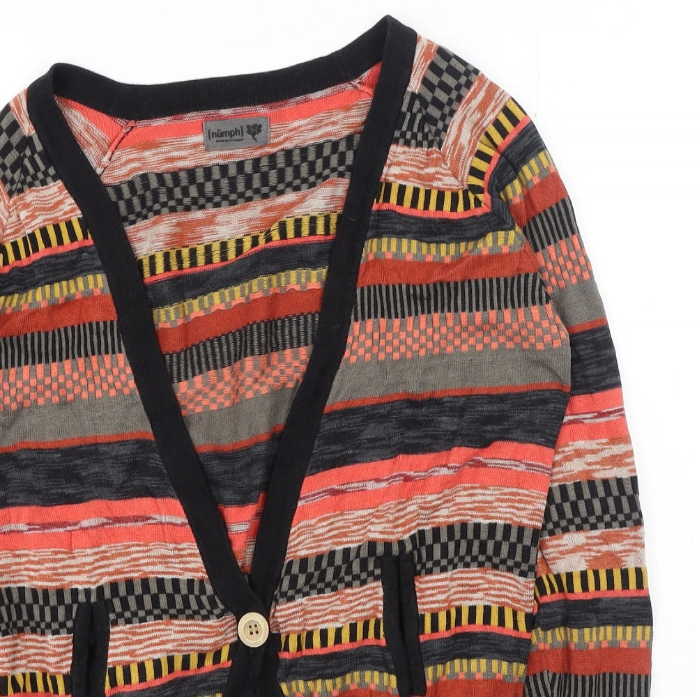 Numph Womens Orange V-Neck Geometric Viscose Cardigan Jumper Size L