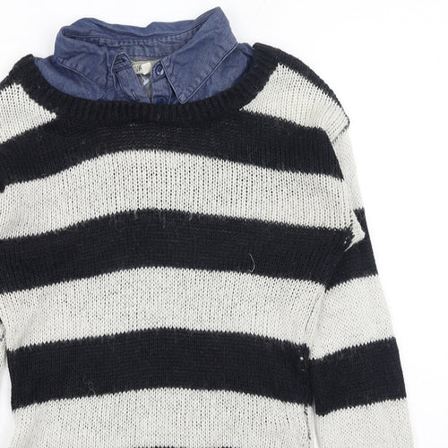 NEXT Womens Blue Collared Striped Acrylic Pullover Jumper Size 10