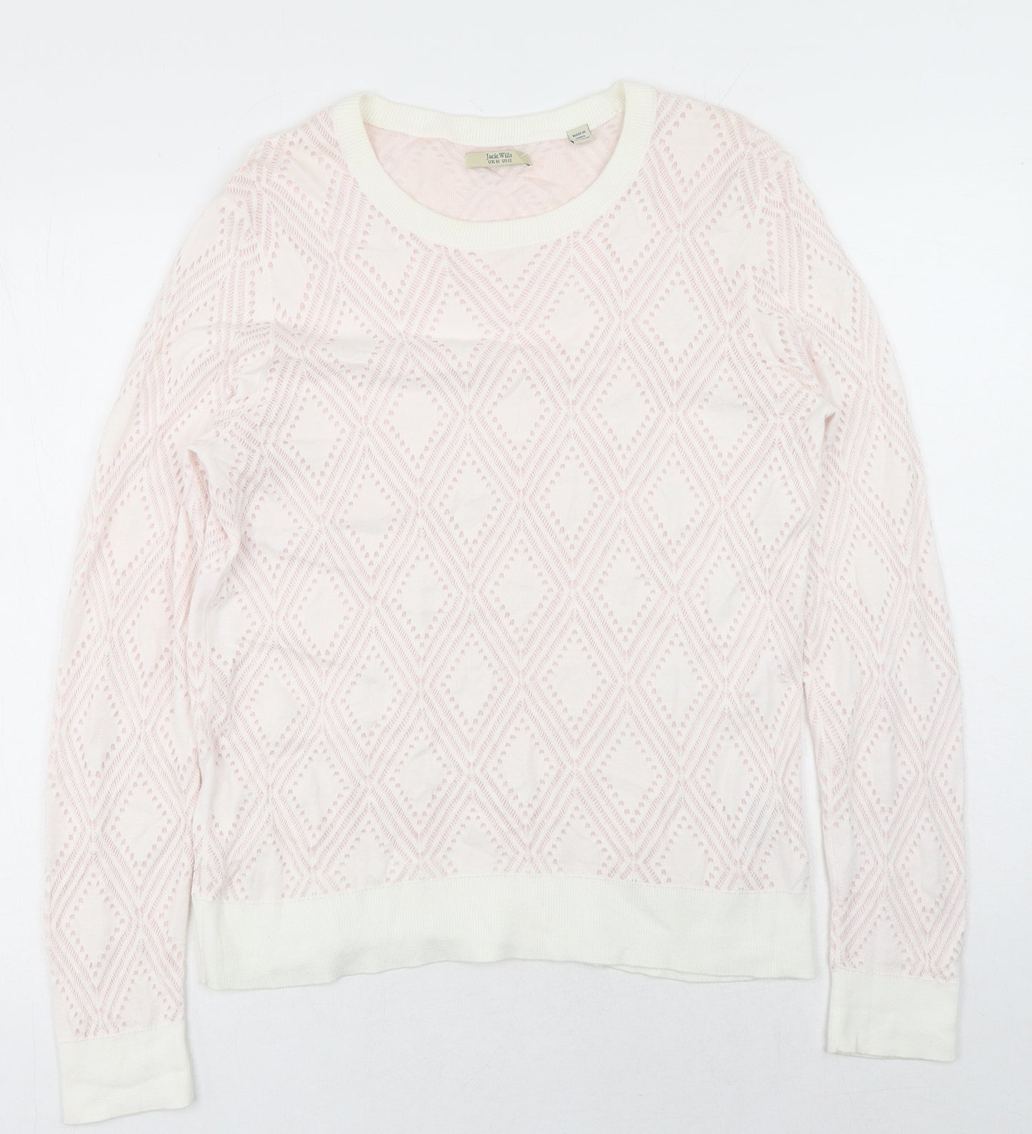 Jack Wills Womens Pink Round Neck Argyle/Diamond Cotton Pullover Jumper Size 16