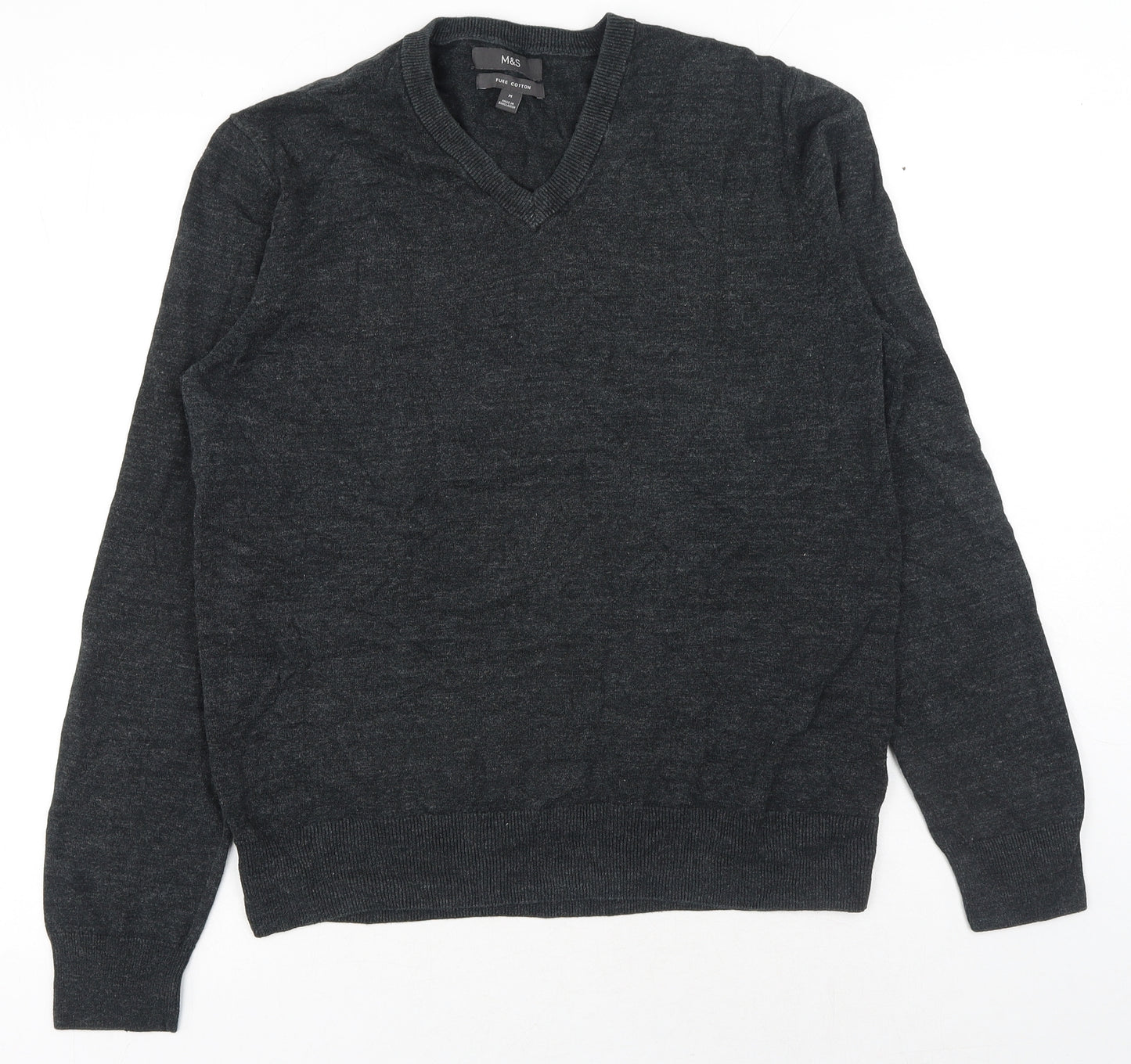 Marks and Spencer Mens Grey V-Neck Cotton Pullover Jumper Size M Long Sleeve
