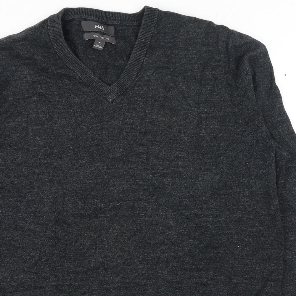 Marks and Spencer Mens Grey V-Neck Cotton Pullover Jumper Size M Long Sleeve