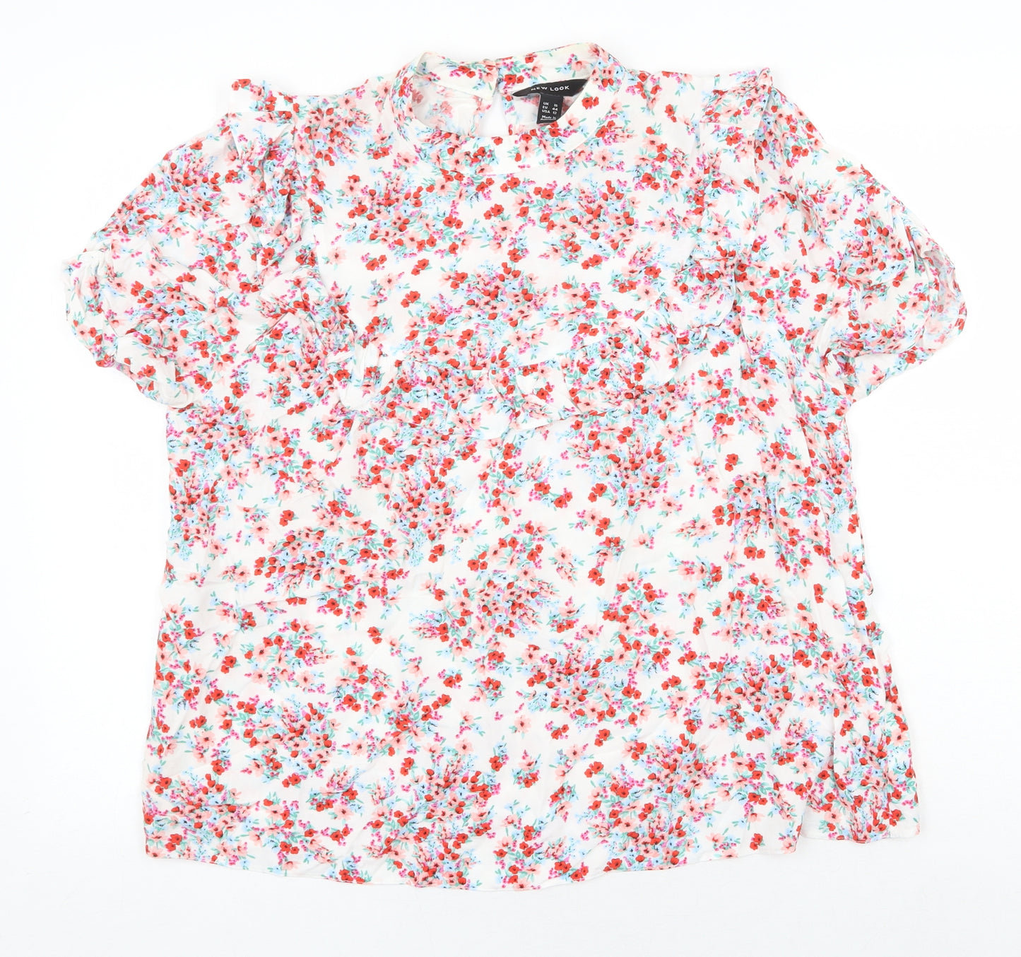 New Look Womens White Floral Viscose Basic Blouse Size 16 Round Neck