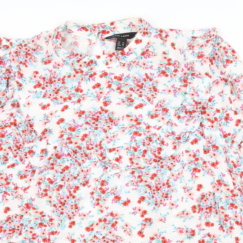 New Look Womens White Floral Viscose Basic Blouse Size 16 Round Neck