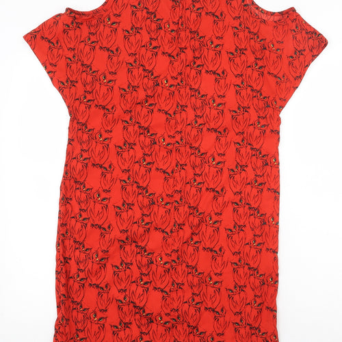 Atmosphere Womens Red Geometric Polyester T-Shirt Dress Size 8 Round Neck Button - Owl Pattern Cold Shoulder