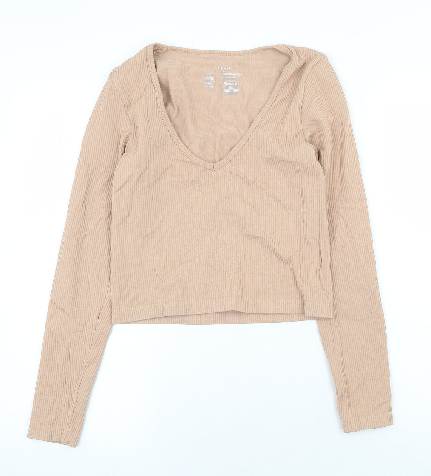 Primark Womens Beige Nylon Basic T-Shirt Size S V-Neck