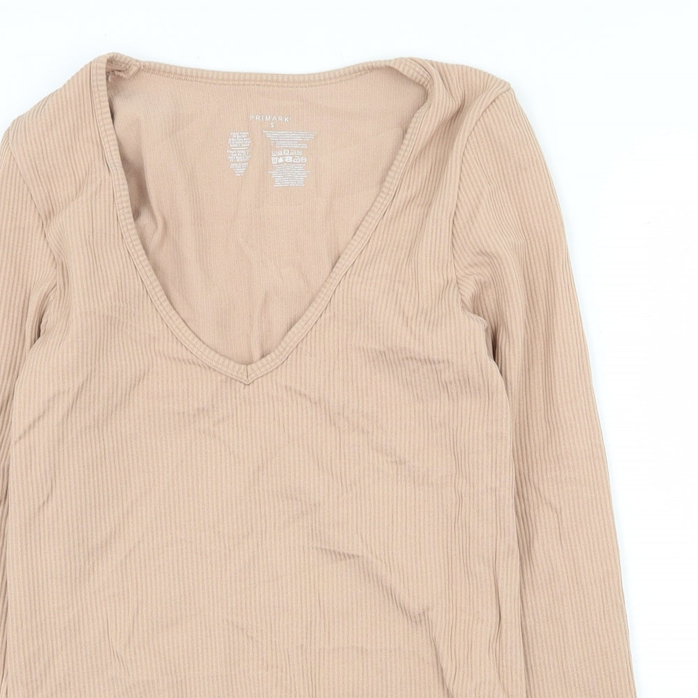 Primark Womens Beige Nylon Basic T-Shirt Size S V-Neck