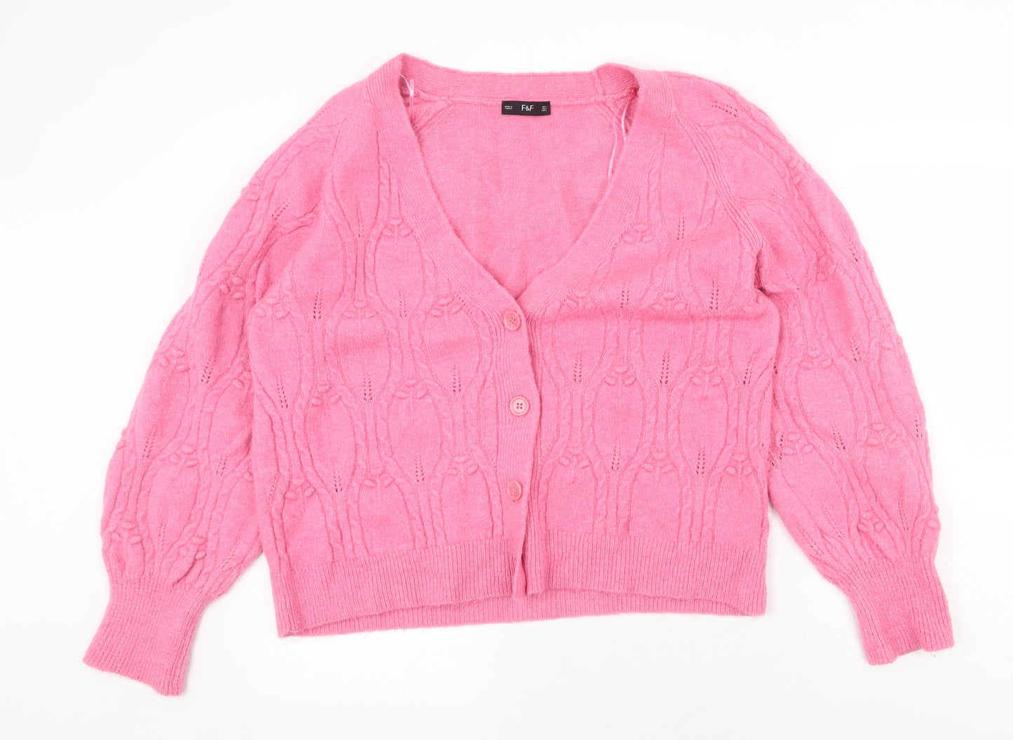 F&F Womens Pink V-Neck Acrylic Cardigan Jumper Size L