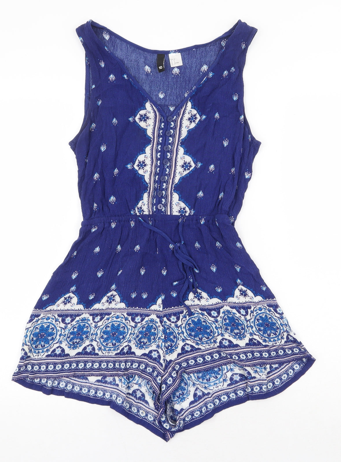 H&M Womens Blue Viscose Playsuit One-Piece Size 10 Button