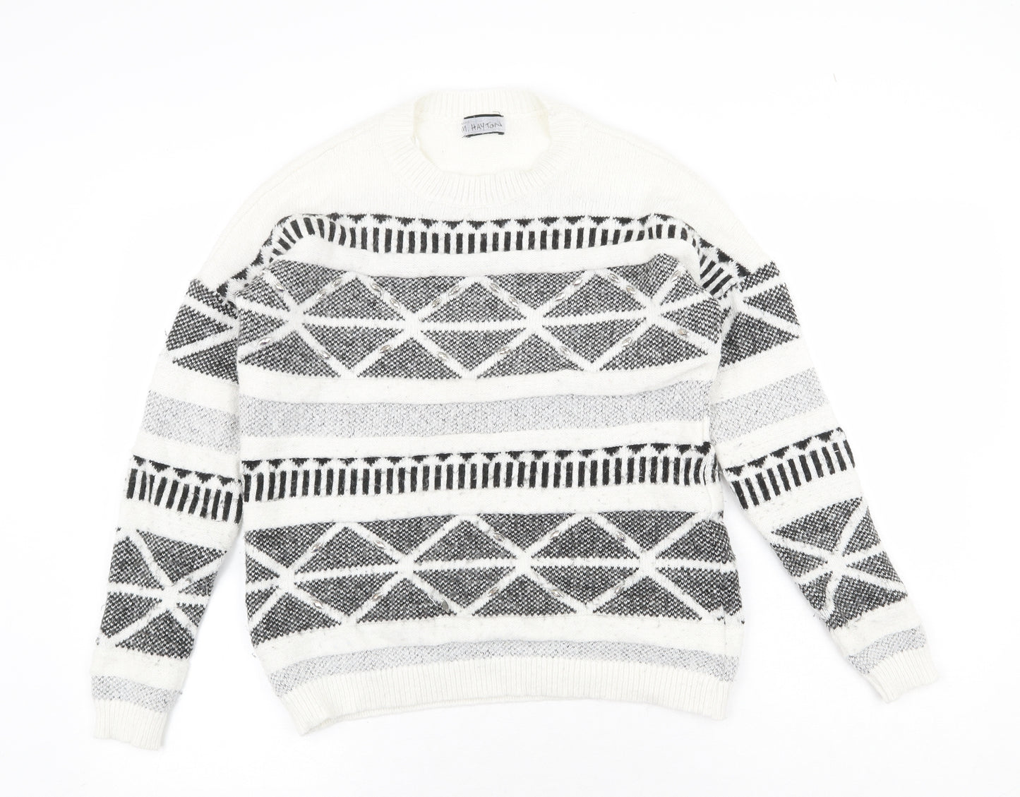 F&F Womens White Round Neck Geometric Acrylic Pullover Jumper Size 14