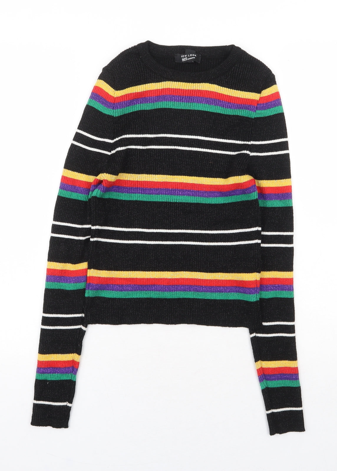 New Look Girls Black Round Neck Striped Cotton Pullover Jumper Size 14-15 Years Pullover