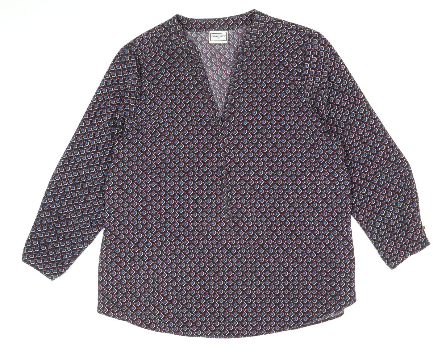 Contempo Womens Multicoloured Geometric Polyester Basic Blouse Size 16 V-Neck