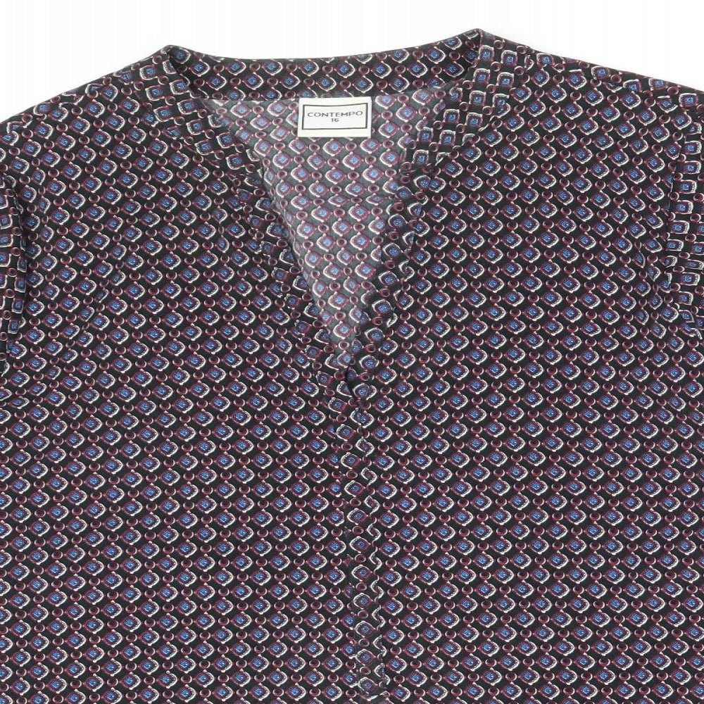 Contempo Womens Multicoloured Geometric Polyester Basic Blouse Size 16 V-Neck