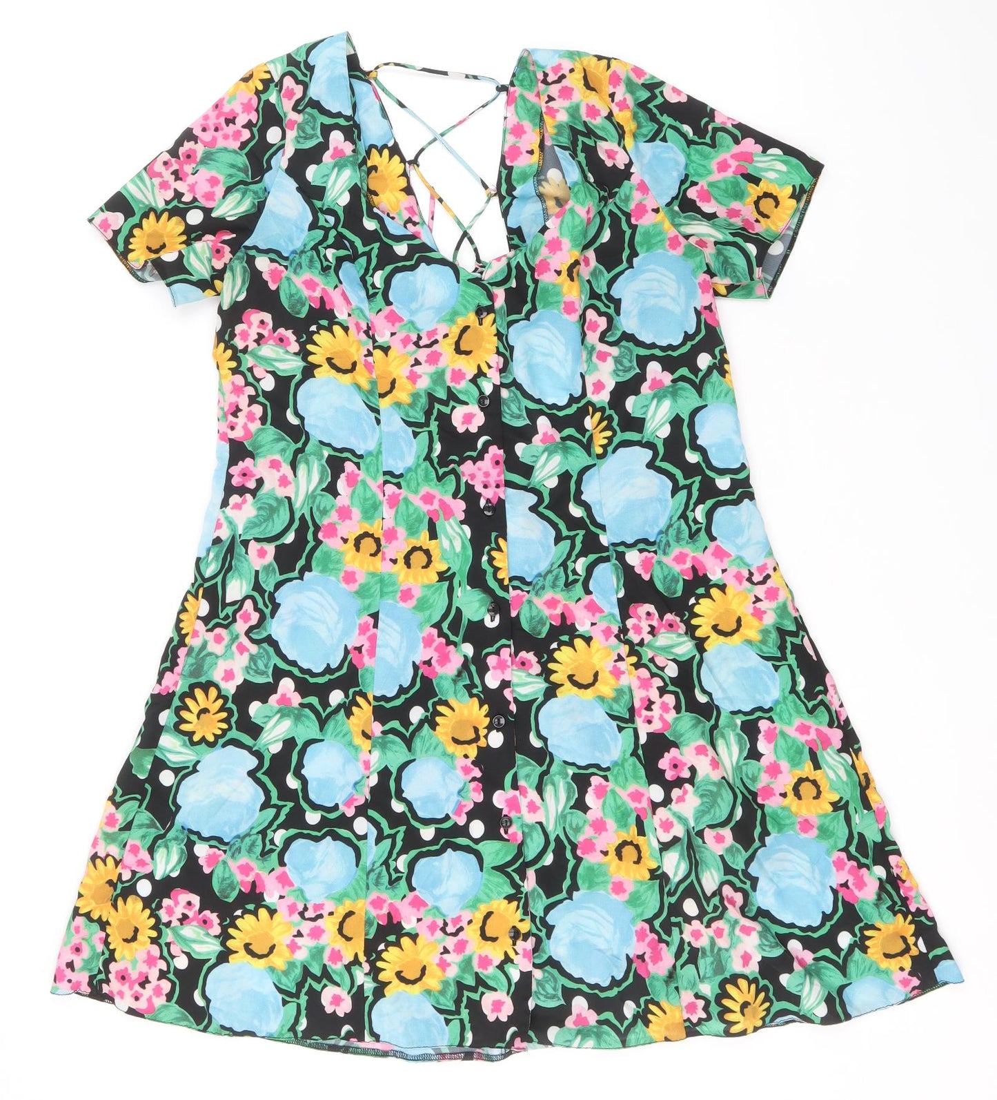 ASOS Womens Multicoloured Floral Polyester Skater Dress Size 10 Sweetheart Button