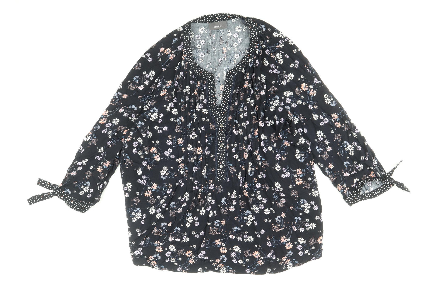 Yessica Womens Blue Floral Viscose Basic Blouse Size 10 V-Neck - Tie Sleeve Detail