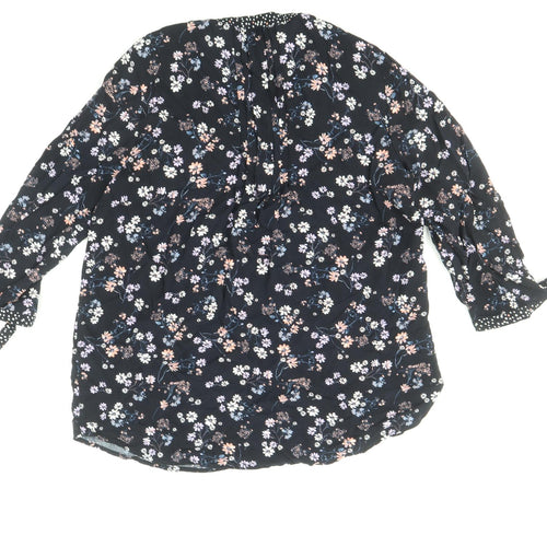 Yessica Womens Blue Floral Viscose Basic Blouse Size 10 V-Neck - Tie Sleeve Detail