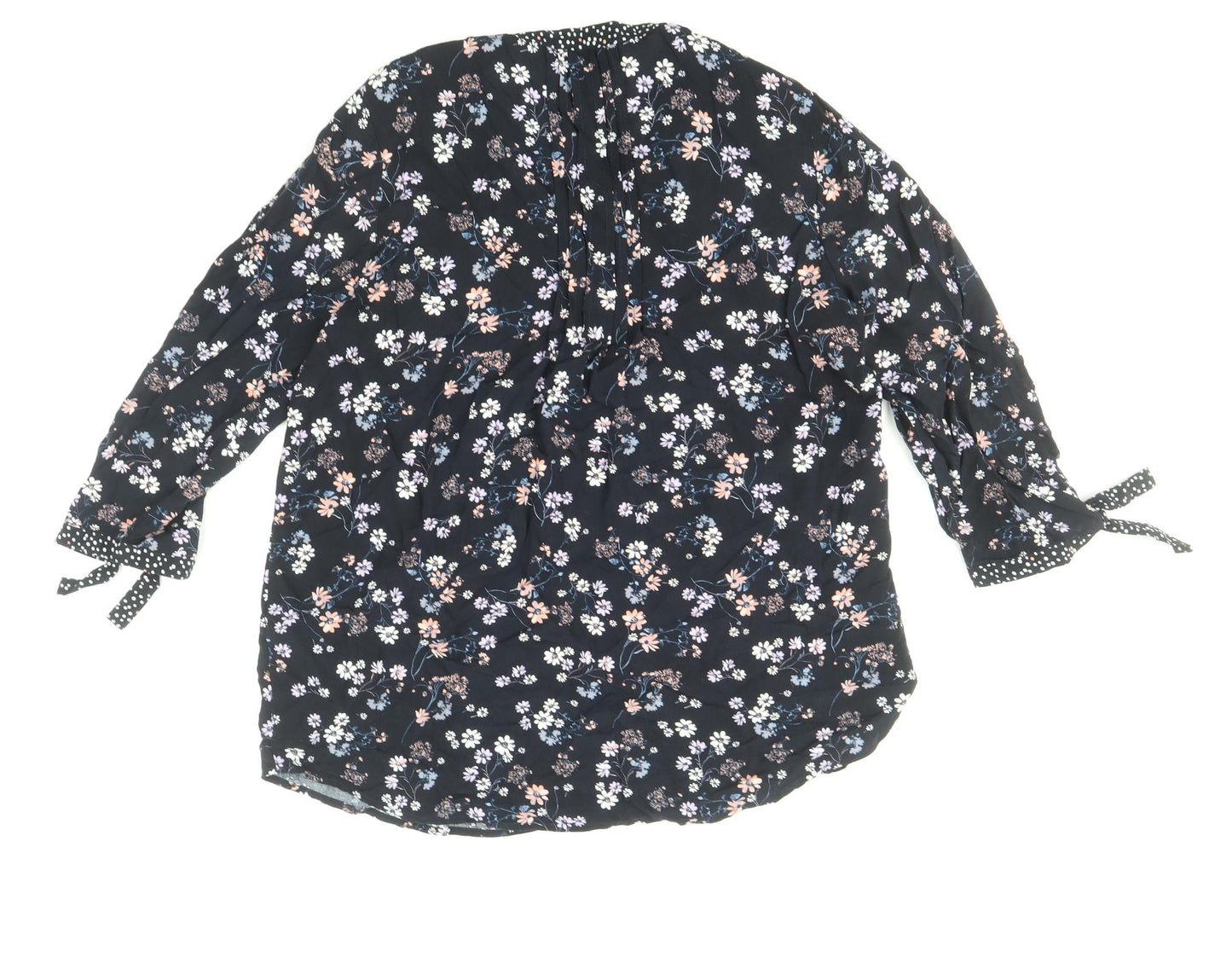 Yessica Womens Blue Floral Viscose Basic Blouse Size 10 V-Neck - Tie Sleeve Detail
