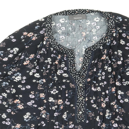 Yessica Womens Blue Floral Viscose Basic Blouse Size 10 V-Neck - Tie Sleeve Detail
