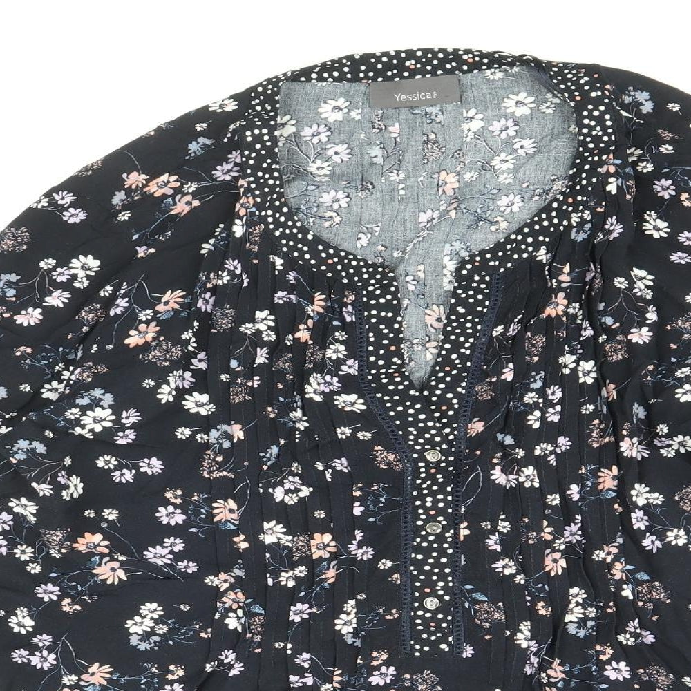 Yessica Womens Blue Floral Viscose Basic Blouse Size 10 V-Neck - Tie Sleeve Detail