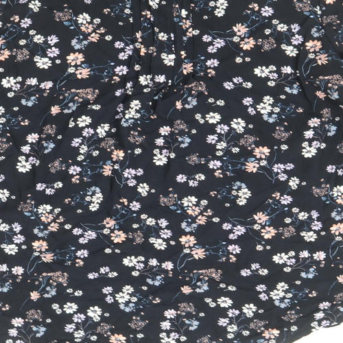 Yessica Womens Blue Floral Viscose Basic Blouse Size 10 V-Neck - Tie Sleeve Detail