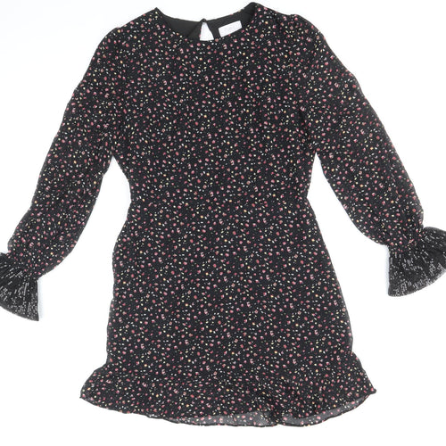 fuse Womens Black Floral Polyester Fit & Flare Size 14 Round Neck Button