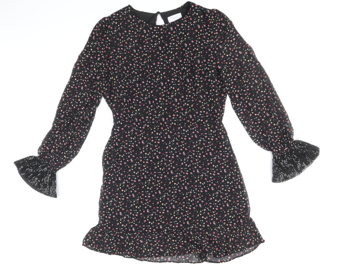 fuse Womens Black Floral Polyester Fit & Flare Size 14 Round Neck Button