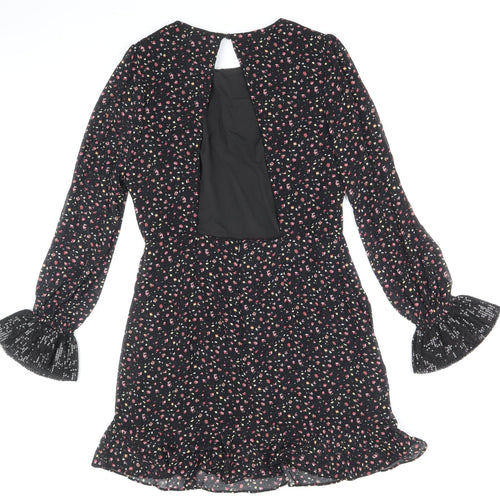 fuse Womens Black Floral Polyester Fit & Flare Size 14 Round Neck Button