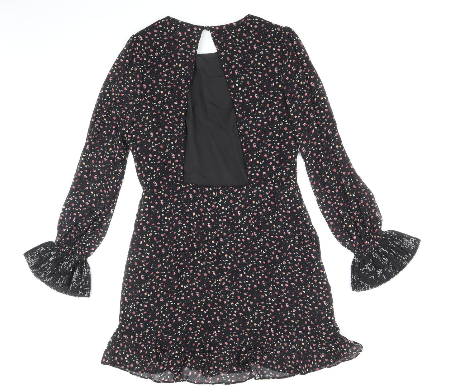 fuse Womens Black Floral Polyester Fit & Flare Size 14 Round Neck Button
