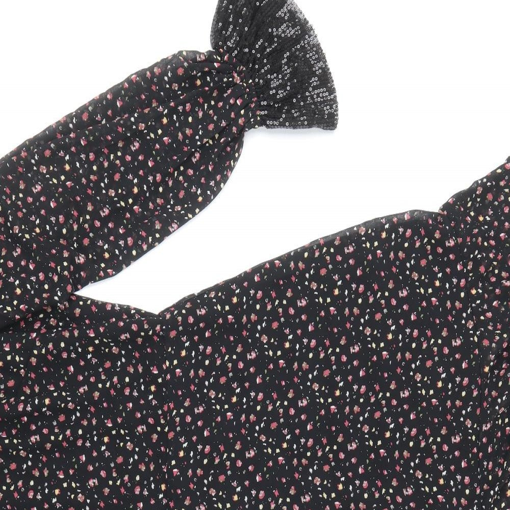 fuse Womens Black Floral Polyester Fit & Flare Size 14 Round Neck Button