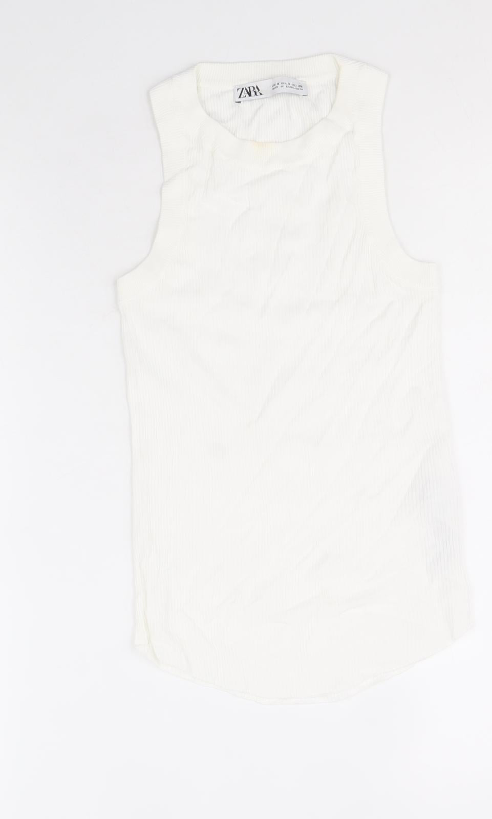 Zara Womens White Viscose Basic Tank Size S Round Neck