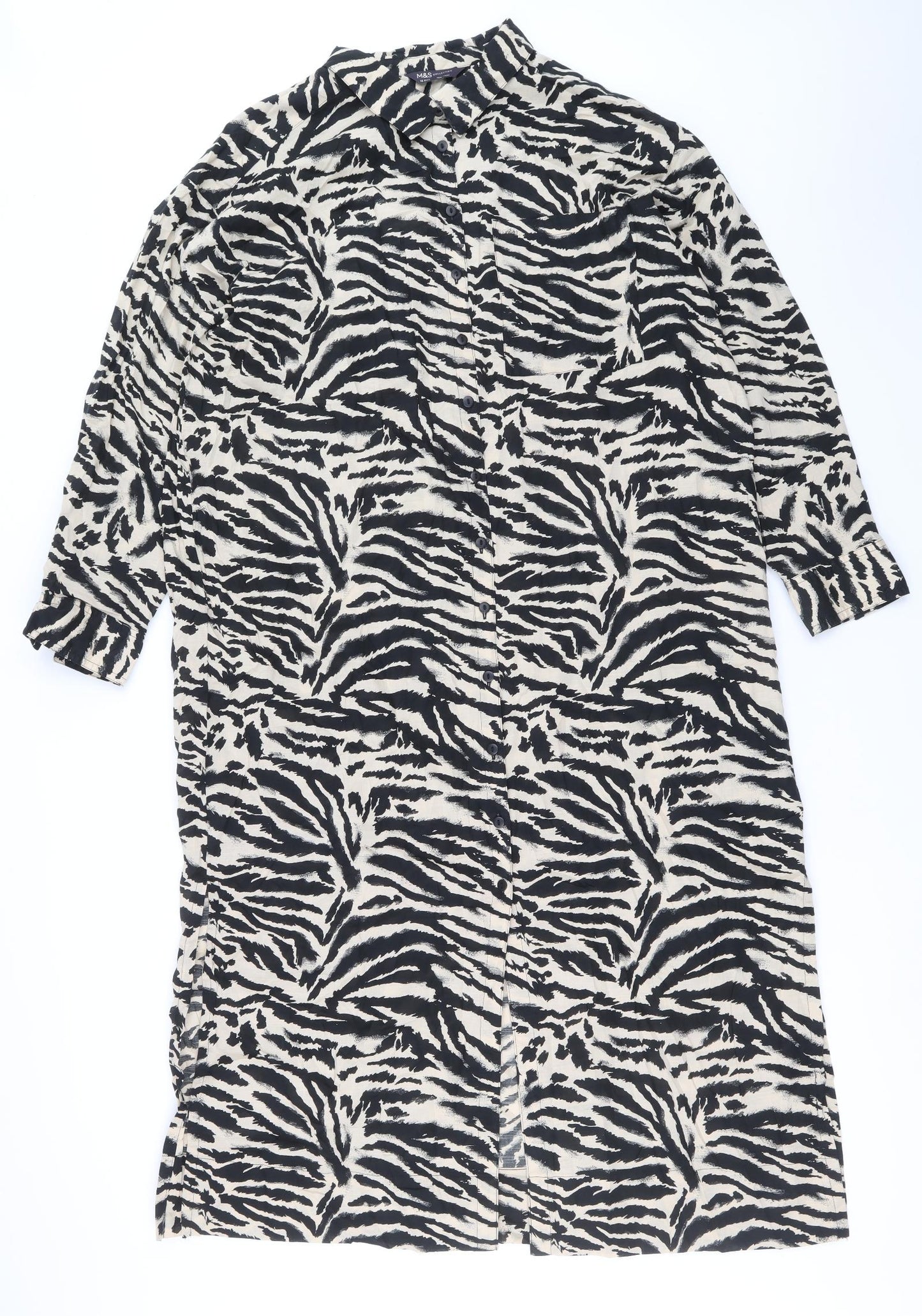 Marks and Spencer Womens Multicoloured Animal Print 100% Cotton Shirt Dress Size 18 Collared Button - Zebra Pattern