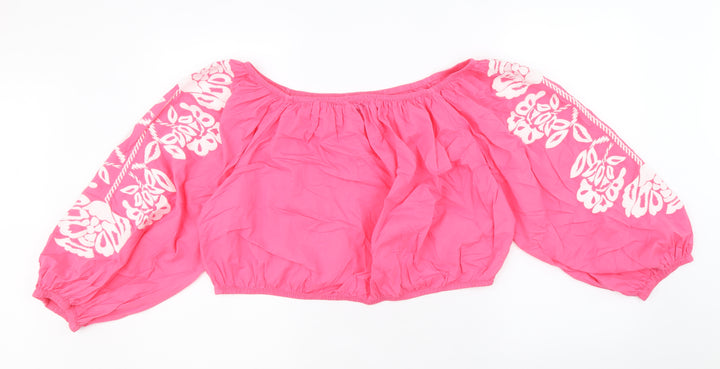 Marks and Spencer Womens Pink 100% Cotton Cropped Blouse Size 22 Boat Neck - Flower Detail