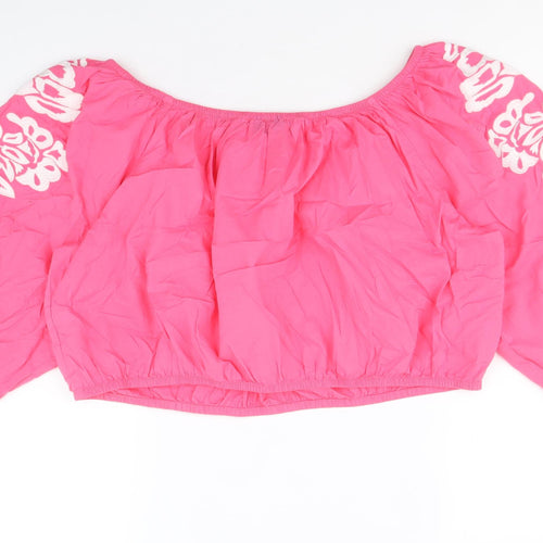 Marks and Spencer Womens Pink 100% Cotton Cropped Blouse Size 22 Boat Neck - Flower Detail