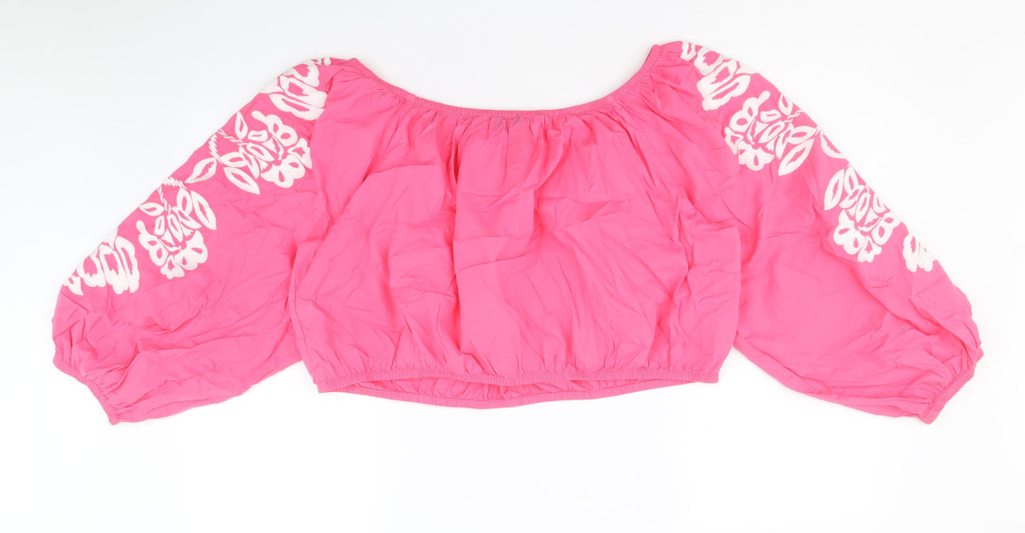 Marks and Spencer Womens Pink 100% Cotton Cropped Blouse Size 22 Boat Neck - Flower Detail
