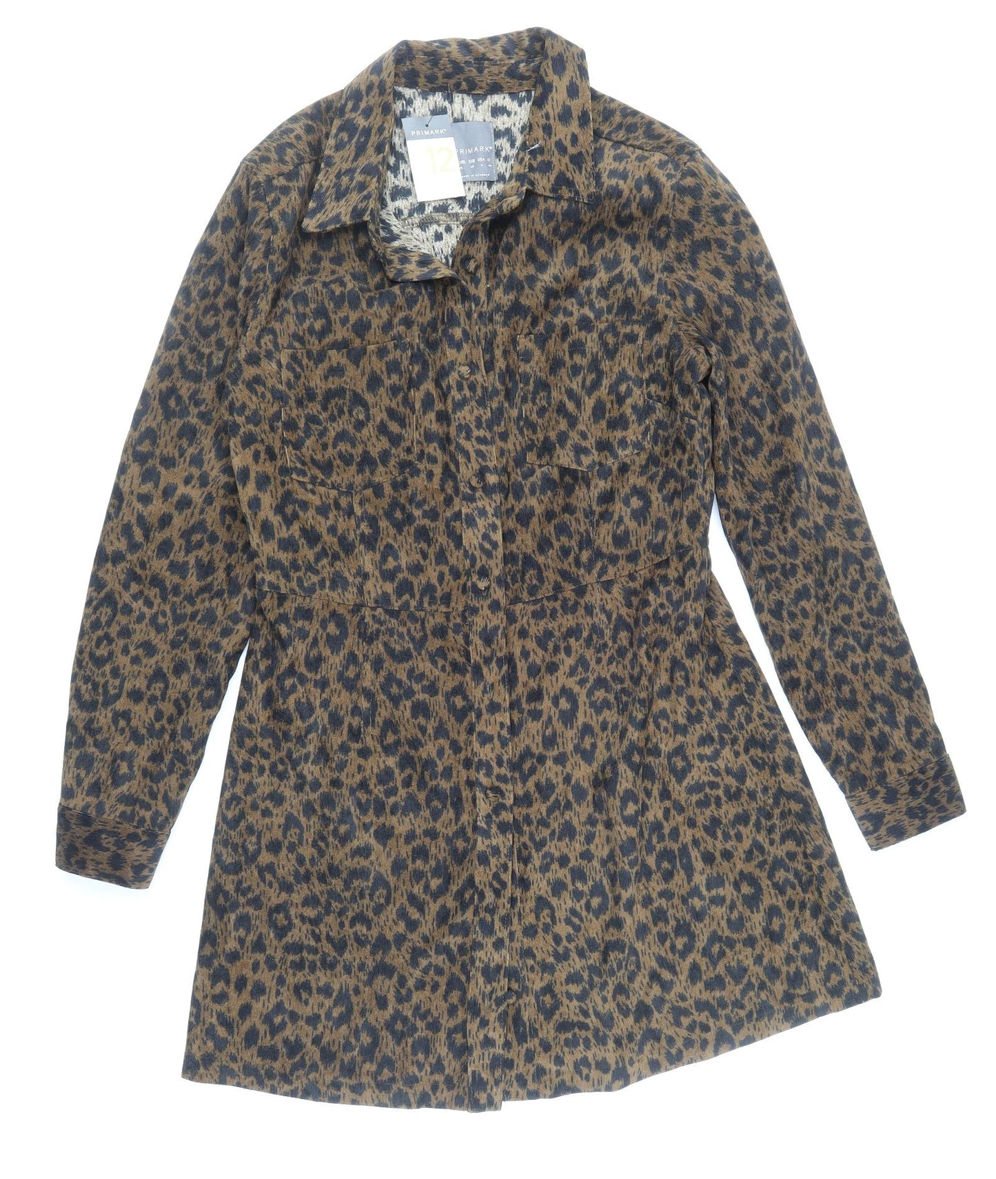 Primark Womens Brown Animal Print Polyester Shirt Dress Size 12 Collared Button
