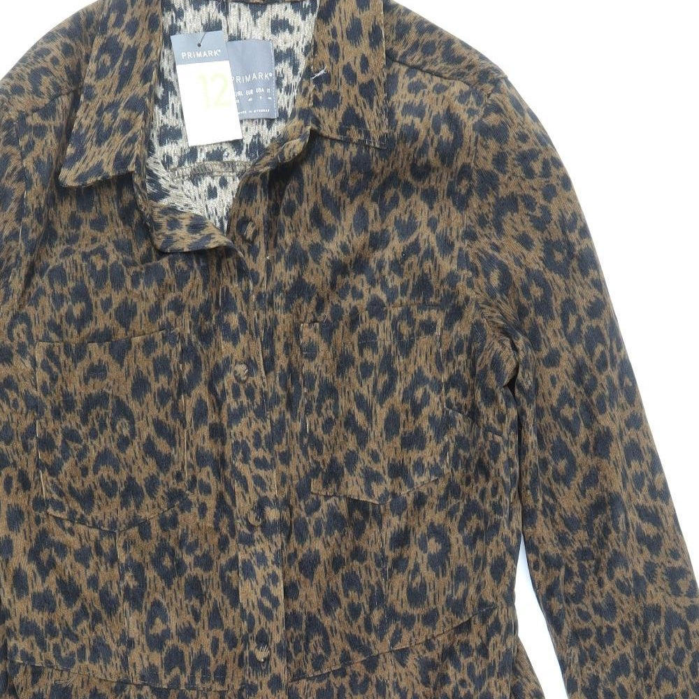 Primark Womens Brown Animal Print Polyester Shirt Dress Size 12 Collared Button