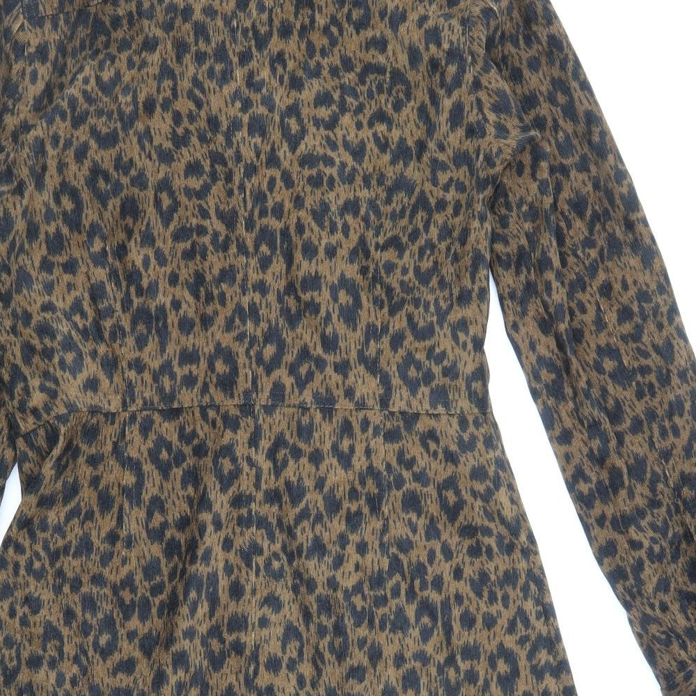 Primark Womens Brown Animal Print Polyester Shirt Dress Size 12 Collared Button
