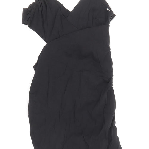 Zara Womens Black Linen Bodycon Size L V-Neck Zip