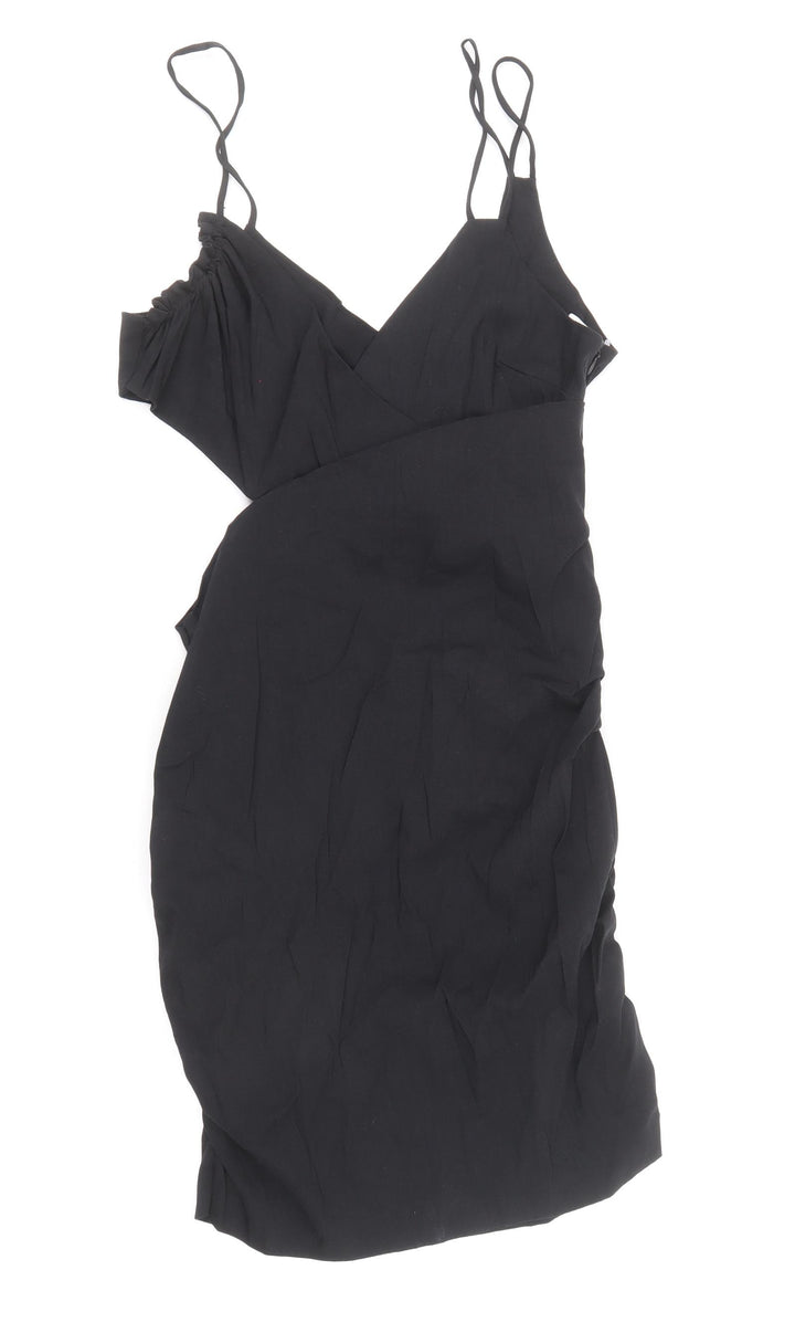 Zara Womens Black Linen Bodycon Size L V-Neck Zip
