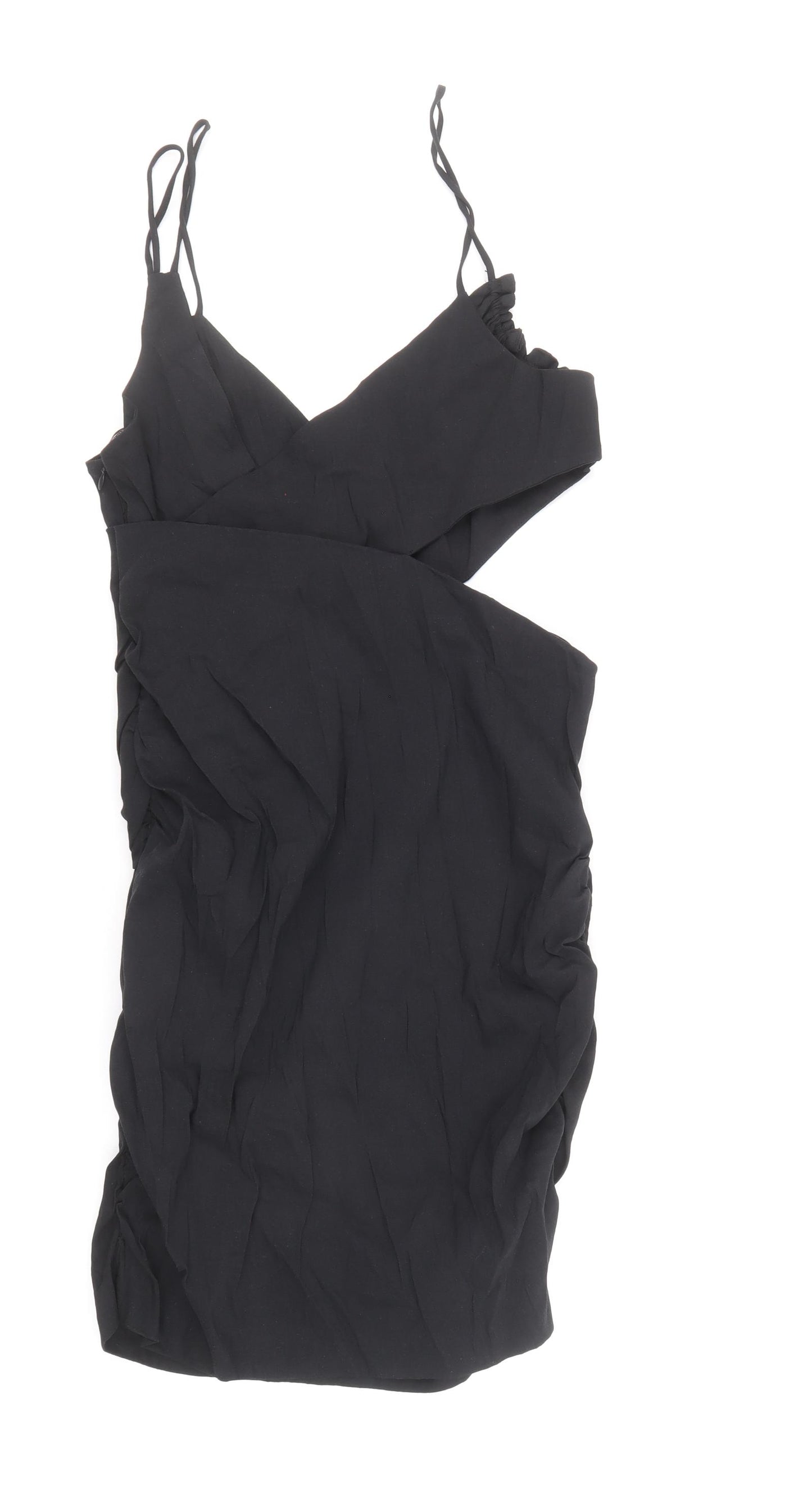 Zara Womens Black Linen Bodycon Size L V-Neck Zip