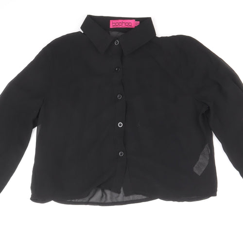Boohoo Womens Black Polyester Cropped Button-Up Size 6 Collared - Chiffon Pleated Back