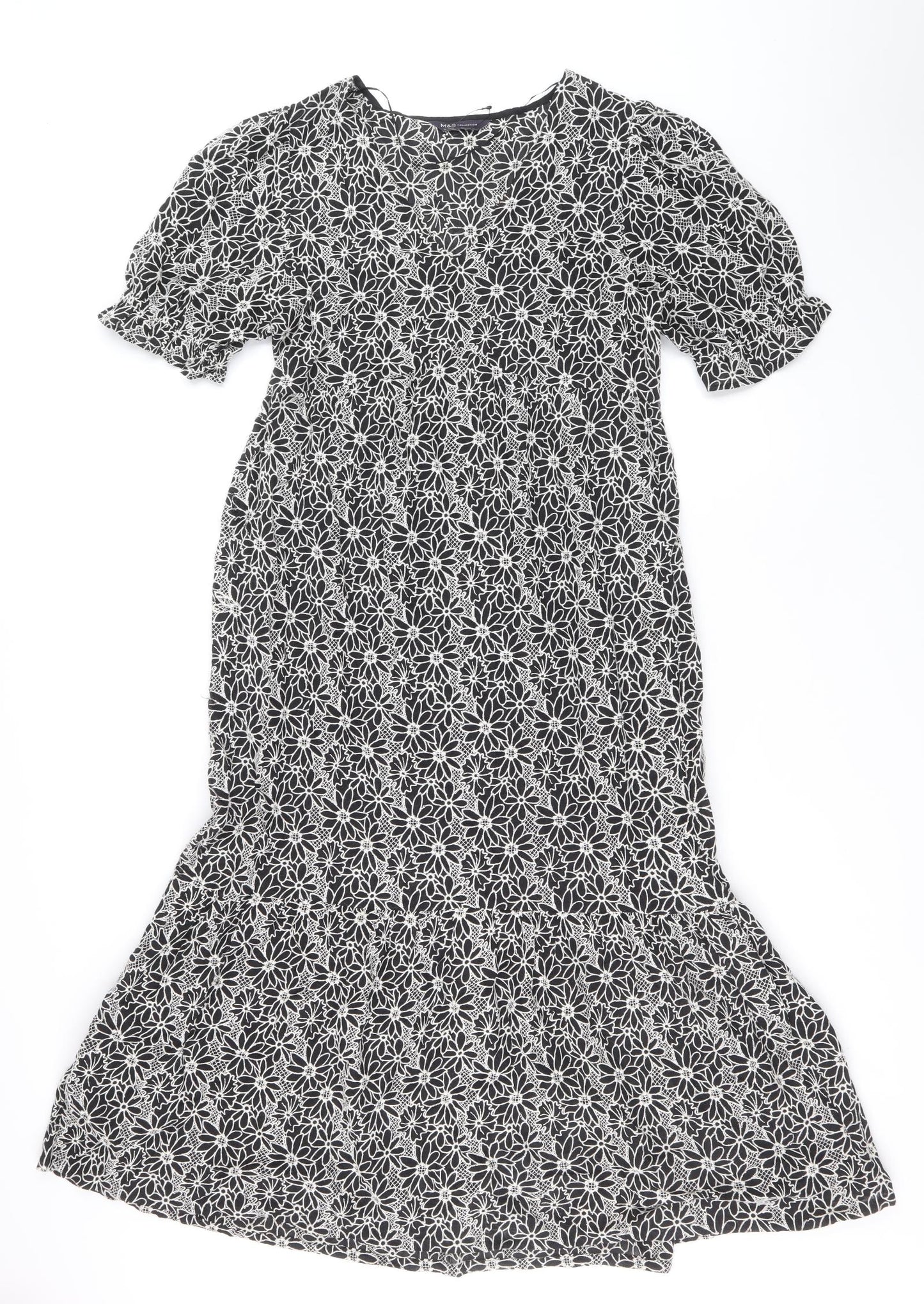 Marks and Spencer Womens Black Floral Cotton A-Line Size 12 Round Neck Zip