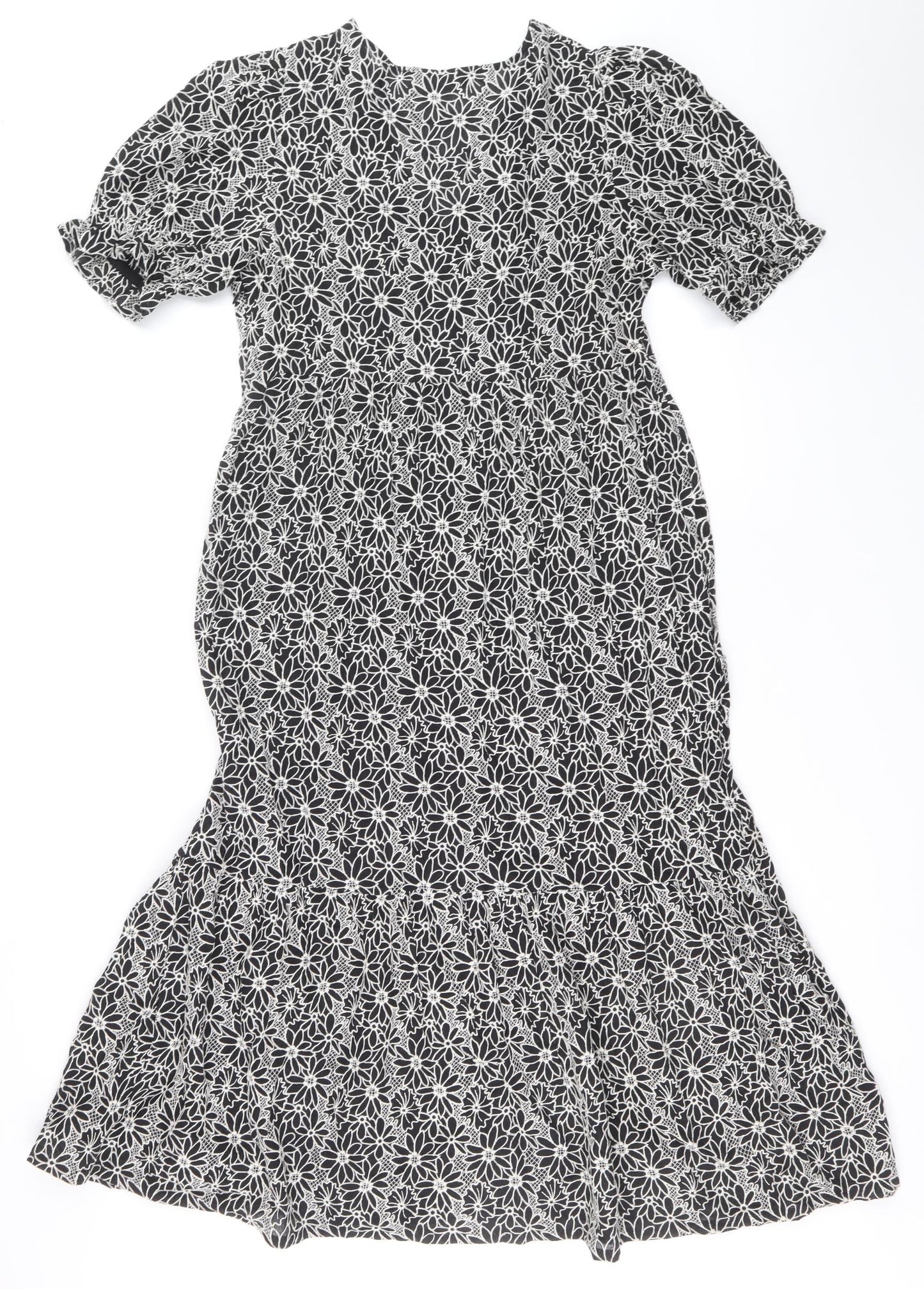 Marks and Spencer Womens Black Floral Cotton A-Line Size 12 Round Neck Zip