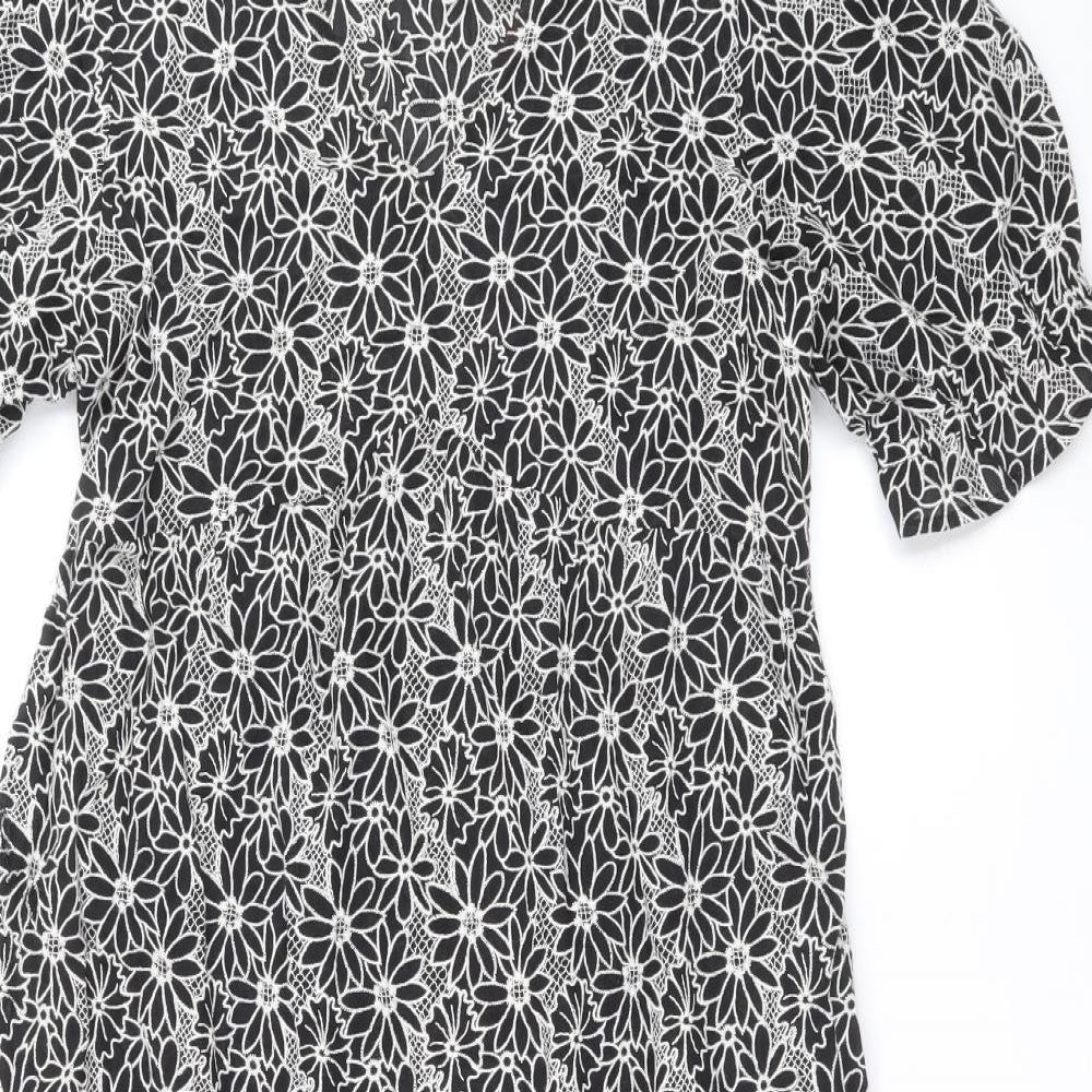 Marks and Spencer Womens Black Floral Cotton A-Line Size 12 Round Neck Zip