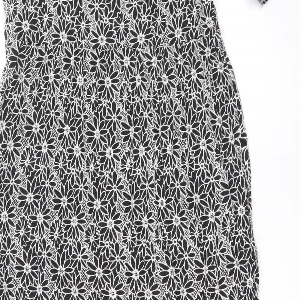 Marks and Spencer Womens Black Floral Cotton A-Line Size 12 Round Neck Zip