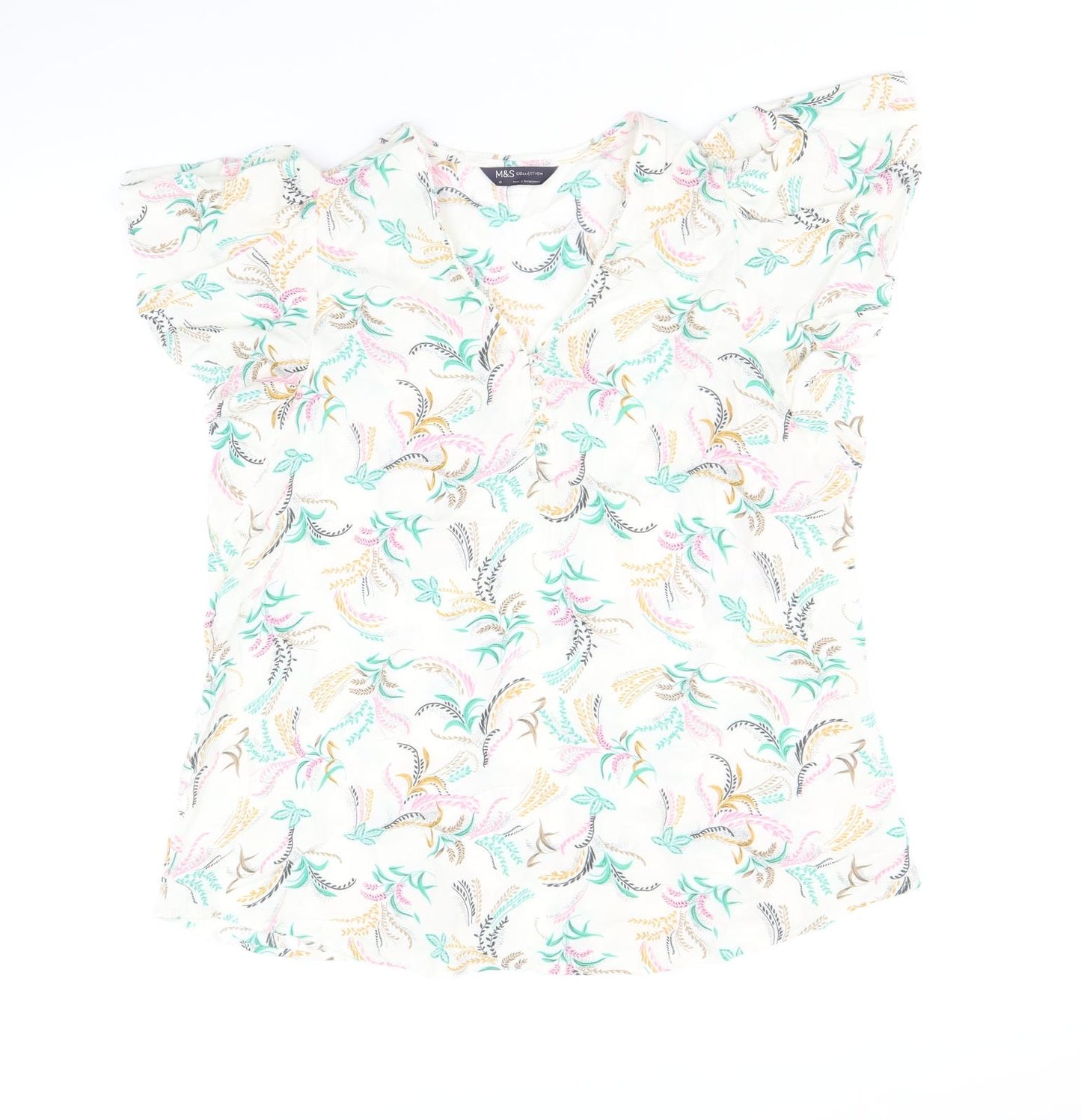 Marks and Spencer Womens Multicoloured Geometric Viscose Basic Blouse Size 12 V-Neck - Angel Sleeve