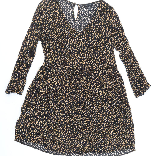 New Look Womens Black Animal Print Viscose Fit & Flare Size 12 V-Neck Button - Cheetah Print