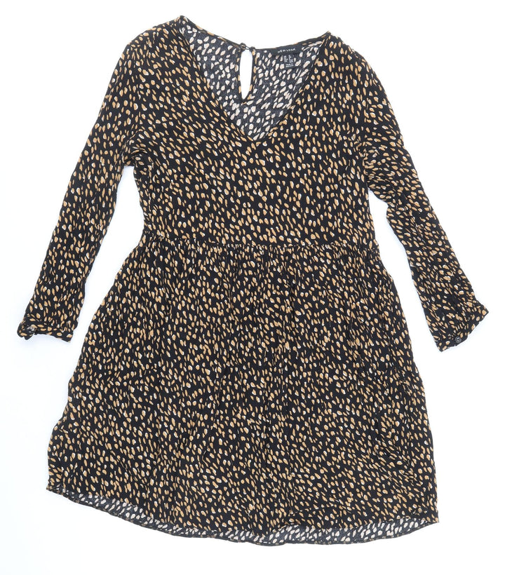 New Look Womens Black Animal Print Viscose Fit & Flare Size 12 V-Neck Button - Cheetah Print