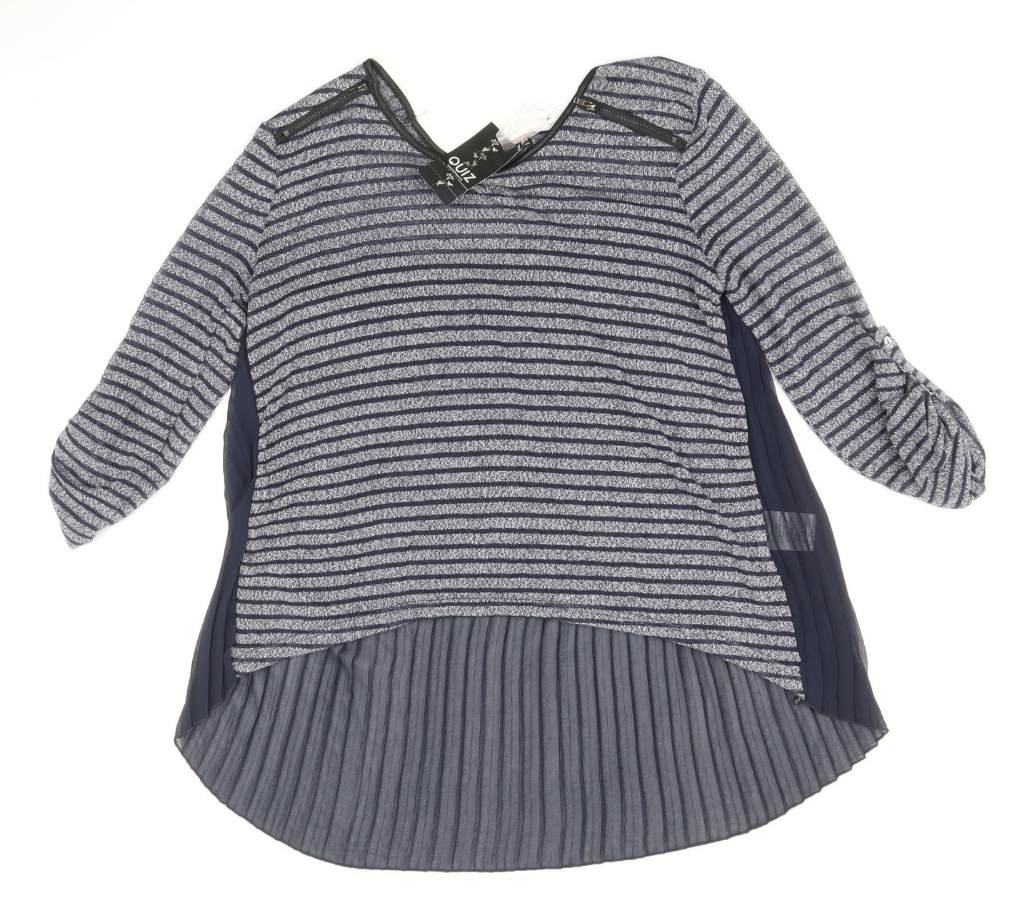 Quiz Womens Blue Striped Polyester Tunic Blouse Size 10 Scoop Neck - Chiffon Pleated Back