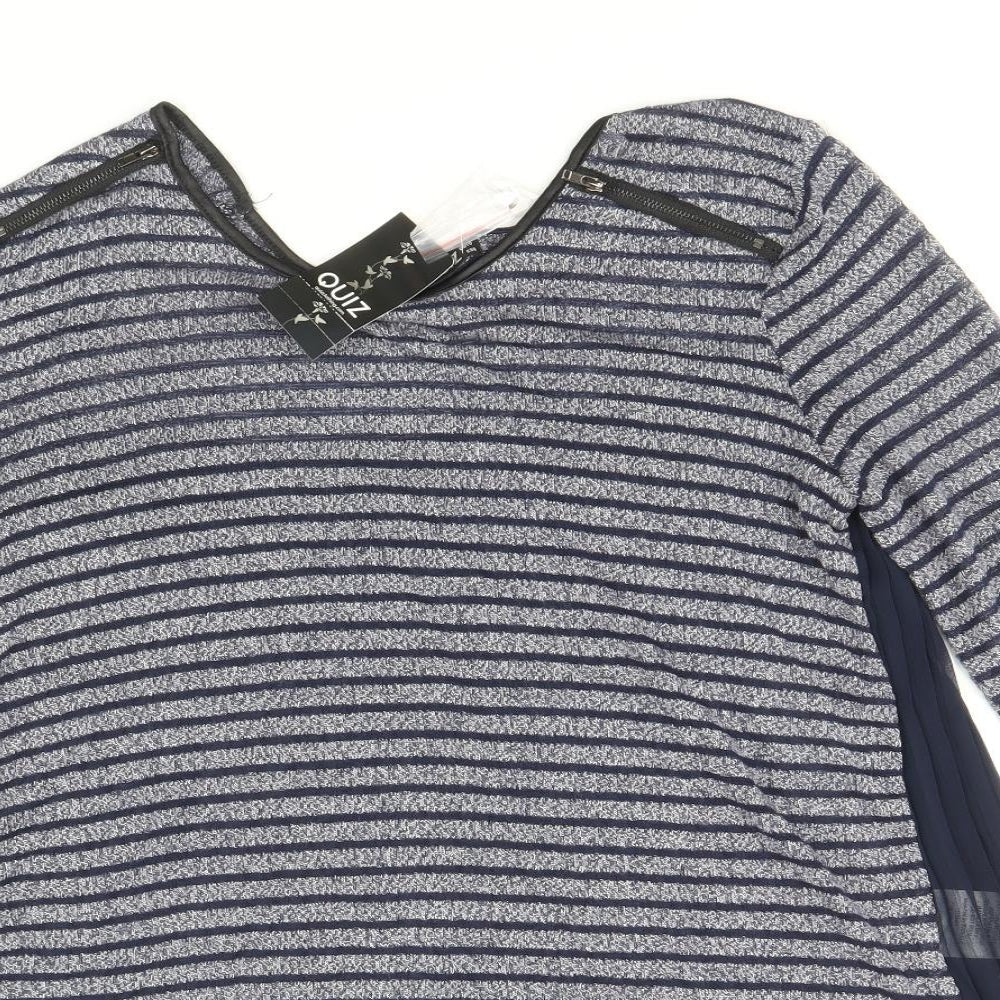 Quiz Womens Blue Striped Polyester Tunic Blouse Size 10 Scoop Neck - Chiffon Pleated Back