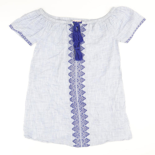 Miss Selfridge Womens Blue Geometric 100% Cotton Shift Size 12 Off the Shoulder Tie